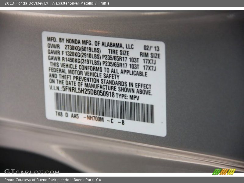 Alabaster Silver Metallic / Truffle 2013 Honda Odyssey LX