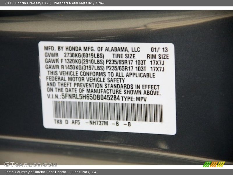 Polished Metal Metallic / Gray 2013 Honda Odyssey EX-L