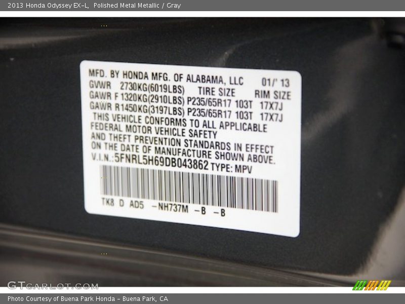 Polished Metal Metallic / Gray 2013 Honda Odyssey EX-L