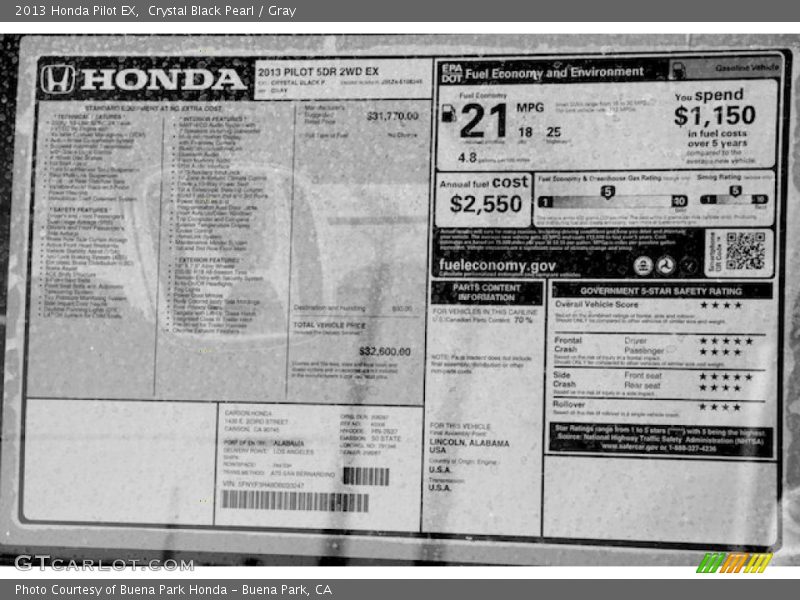 Crystal Black Pearl / Gray 2013 Honda Pilot EX