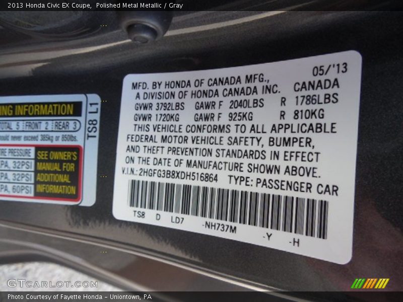 Polished Metal Metallic / Gray 2013 Honda Civic EX Coupe