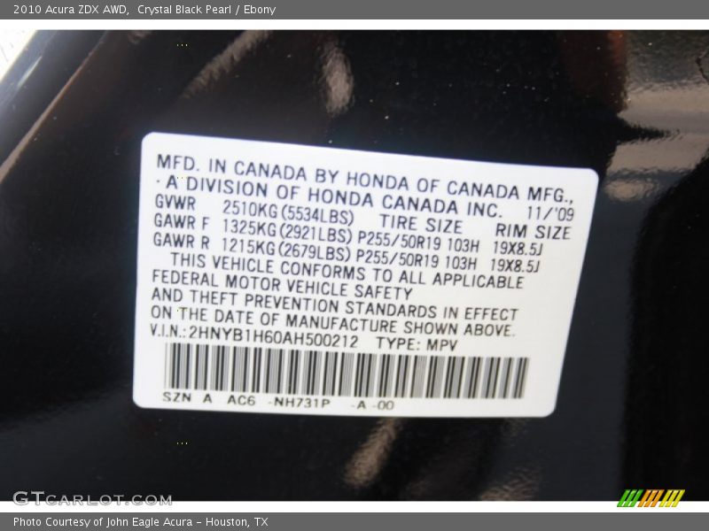Crystal Black Pearl / Ebony 2010 Acura ZDX AWD