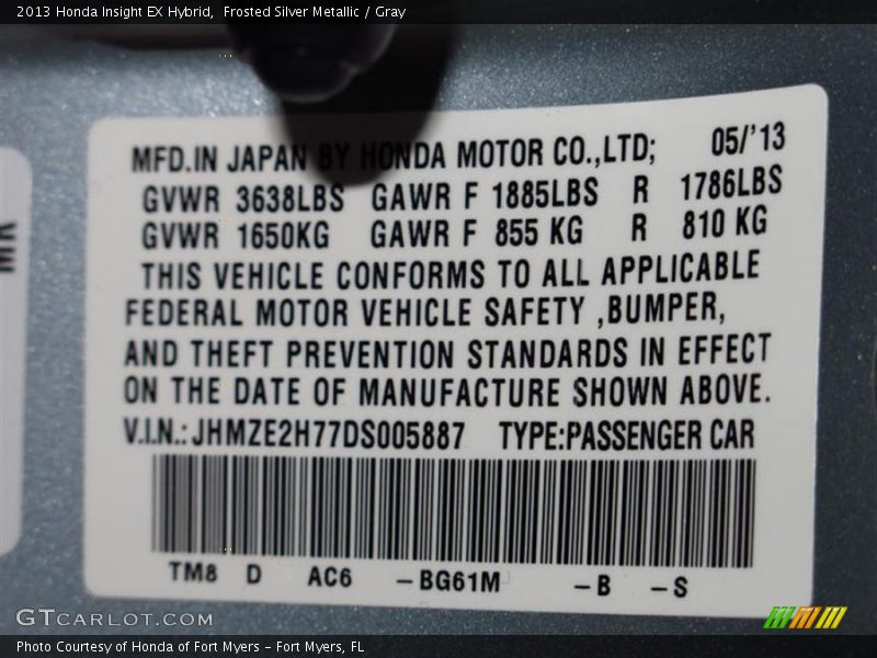 Frosted Silver Metallic / Gray 2013 Honda Insight EX Hybrid