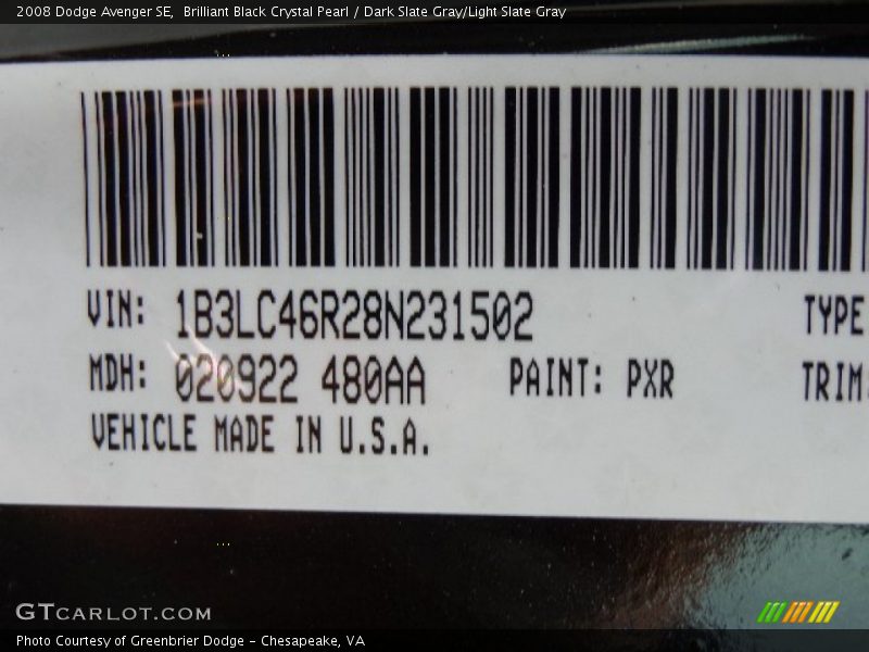 Brilliant Black Crystal Pearl / Dark Slate Gray/Light Slate Gray 2008 Dodge Avenger SE