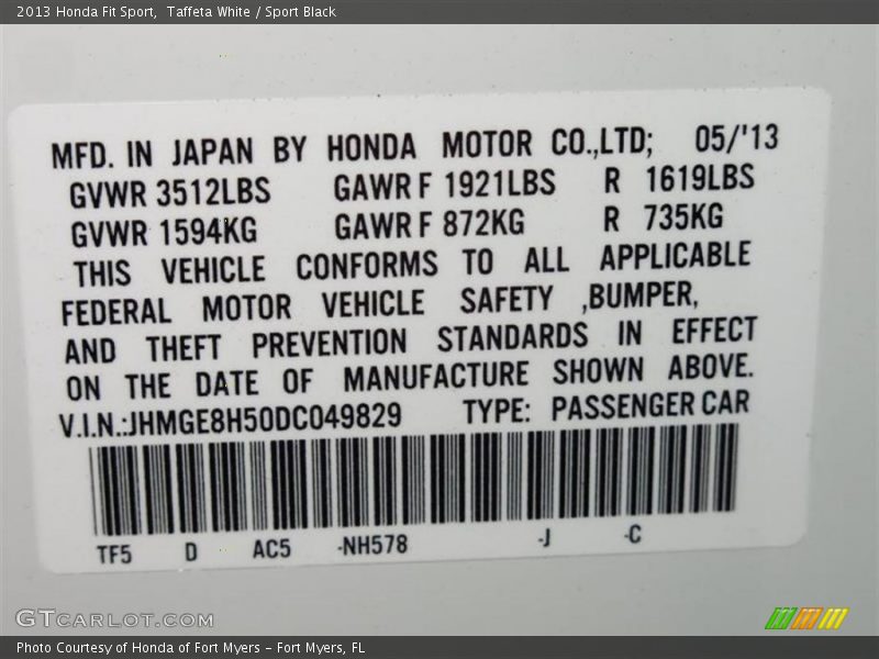 Taffeta White / Sport Black 2013 Honda Fit Sport