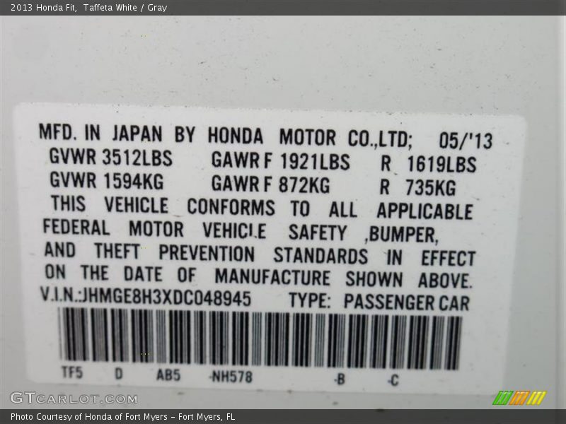 Taffeta White / Gray 2013 Honda Fit