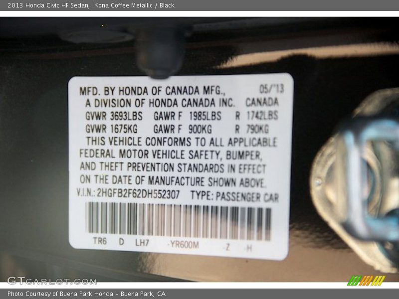 Kona Coffee Metallic / Black 2013 Honda Civic HF Sedan