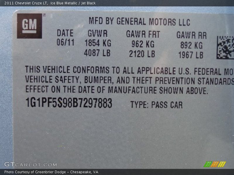 Ice Blue Metallic / Jet Black 2011 Chevrolet Cruze LT