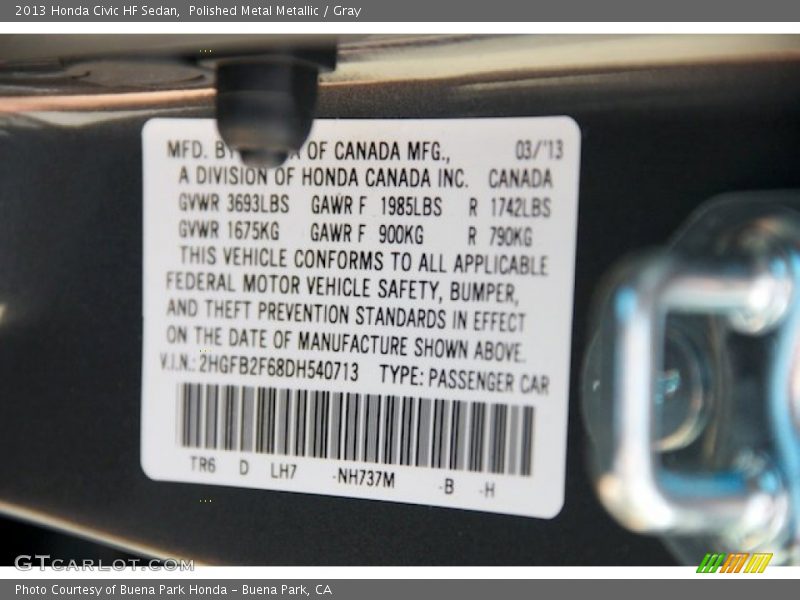 Polished Metal Metallic / Gray 2013 Honda Civic HF Sedan