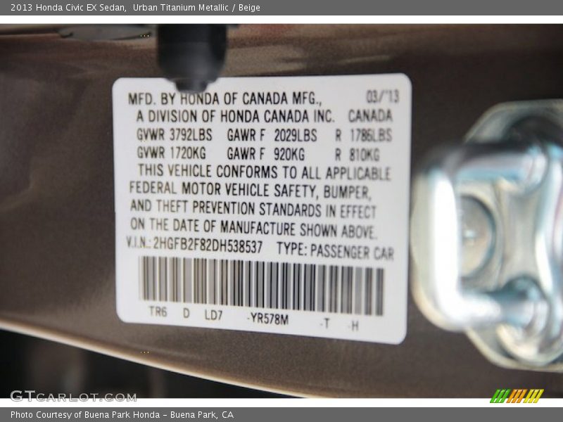Urban Titanium Metallic / Beige 2013 Honda Civic EX Sedan