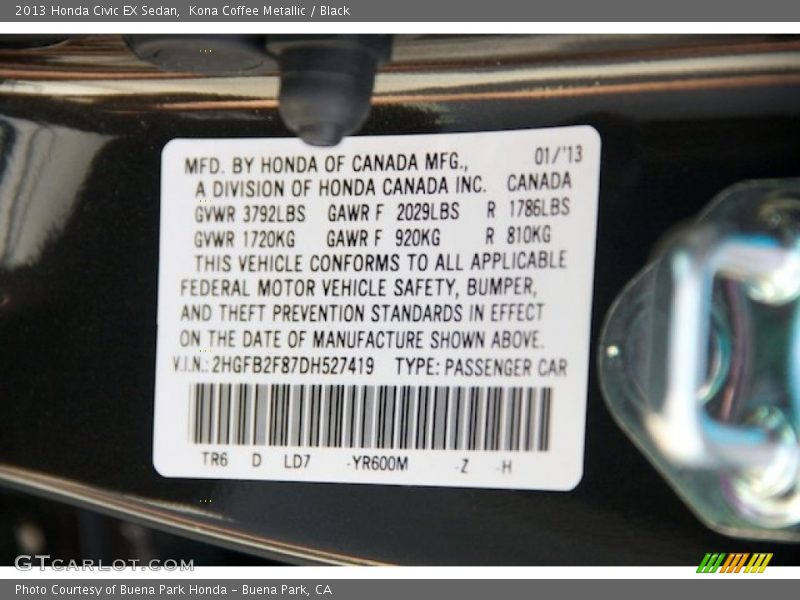 Kona Coffee Metallic / Black 2013 Honda Civic EX Sedan