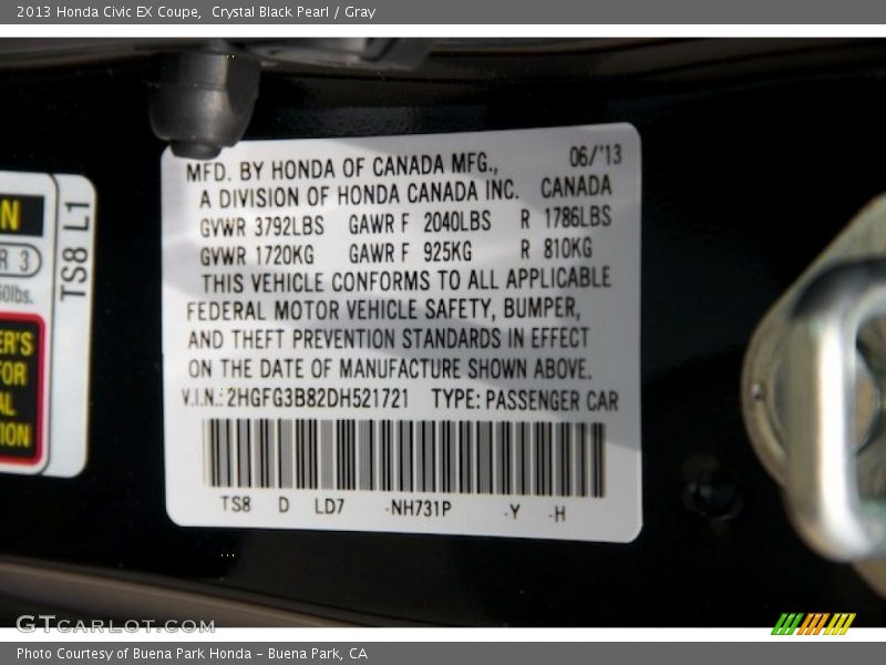 Crystal Black Pearl / Gray 2013 Honda Civic EX Coupe