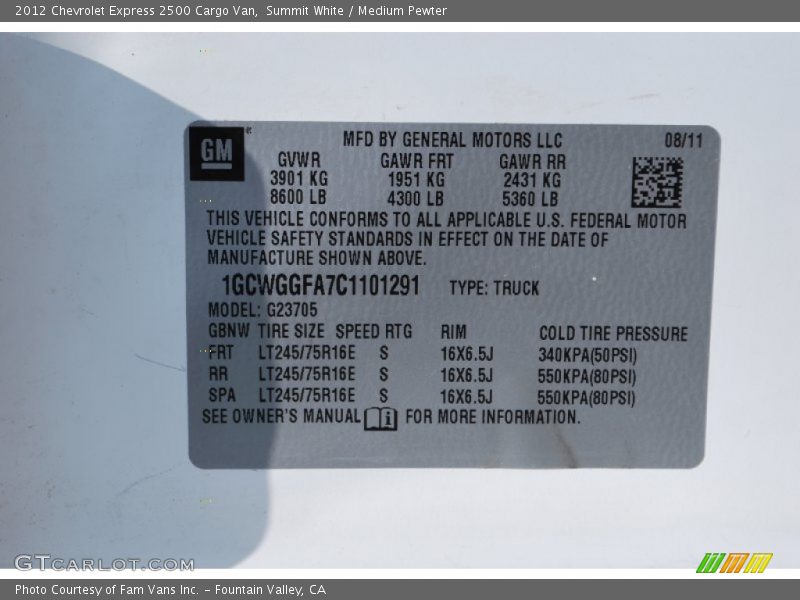 Summit White / Medium Pewter 2012 Chevrolet Express 2500 Cargo Van