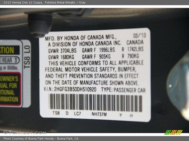 Polished Metal Metallic / Gray 2013 Honda Civic LX Coupe