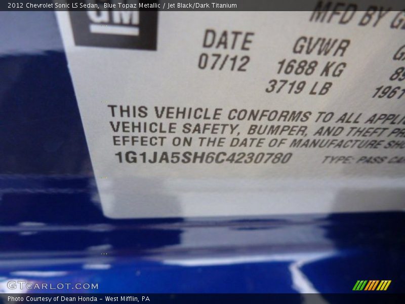 Blue Topaz Metallic / Jet Black/Dark Titanium 2012 Chevrolet Sonic LS Sedan
