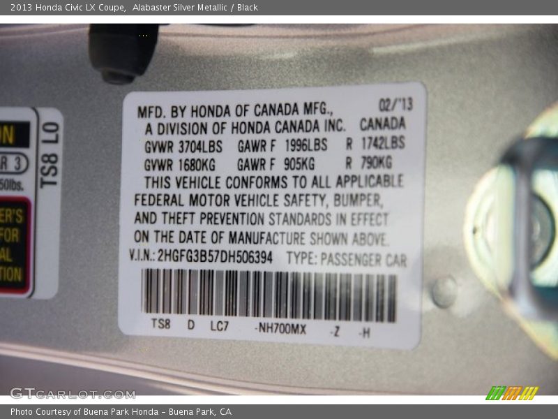 Alabaster Silver Metallic / Black 2013 Honda Civic LX Coupe