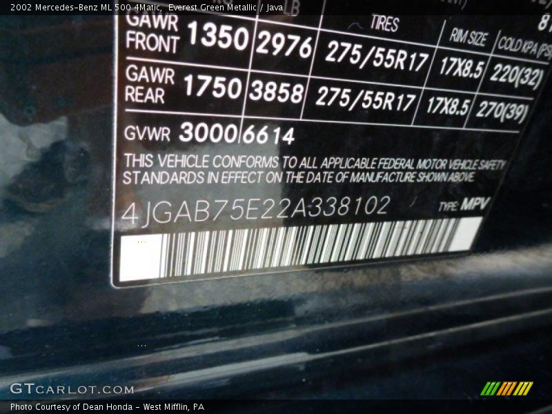 Everest Green Metallic / Java 2002 Mercedes-Benz ML 500 4Matic