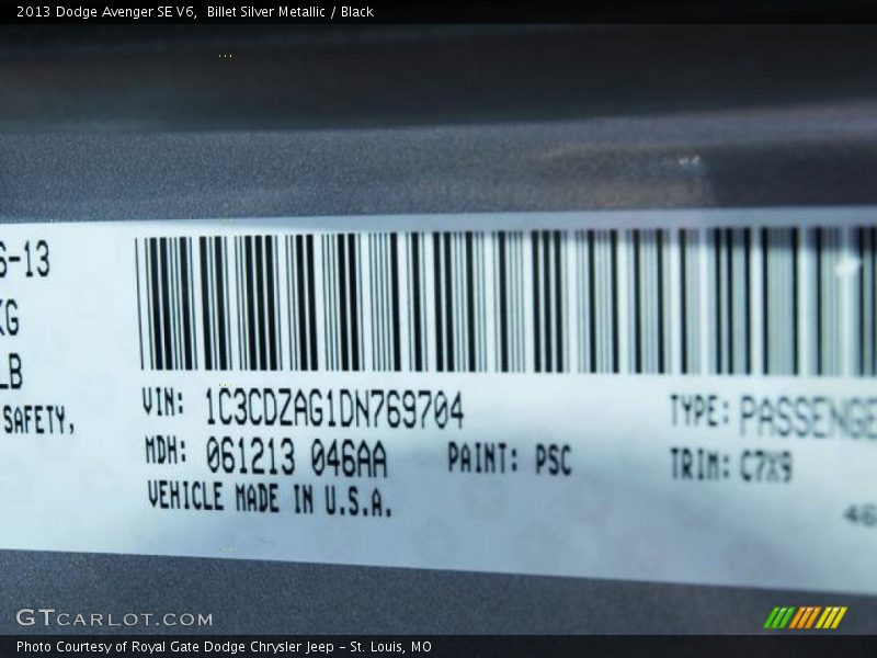 Billet Silver Metallic / Black 2013 Dodge Avenger SE V6