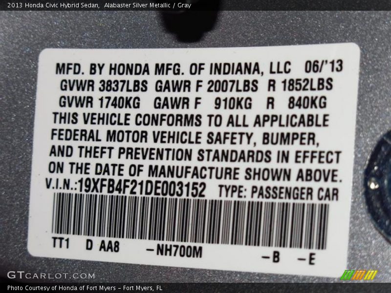 Alabaster Silver Metallic / Gray 2013 Honda Civic Hybrid Sedan