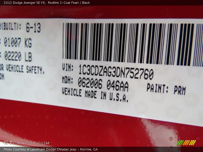 Redline 2-Coat Pearl / Black 2013 Dodge Avenger SE V6