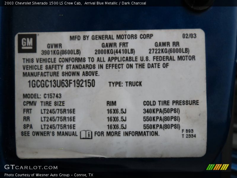 Arrival Blue Metallic / Dark Charcoal 2003 Chevrolet Silverado 1500 LS Crew Cab