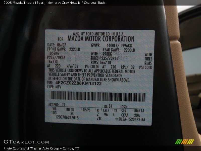 Monterey Gray Metallic / Charcoal Black 2008 Mazda Tribute i Sport