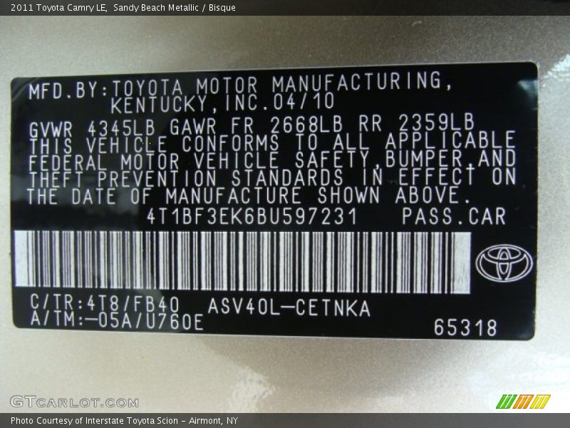 Sandy Beach Metallic / Bisque 2011 Toyota Camry LE