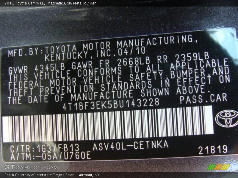Magnetic Gray Metallic / Ash 2011 Toyota Camry LE