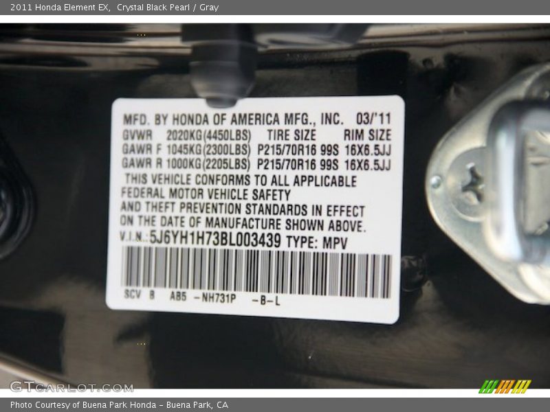 Crystal Black Pearl / Gray 2011 Honda Element EX