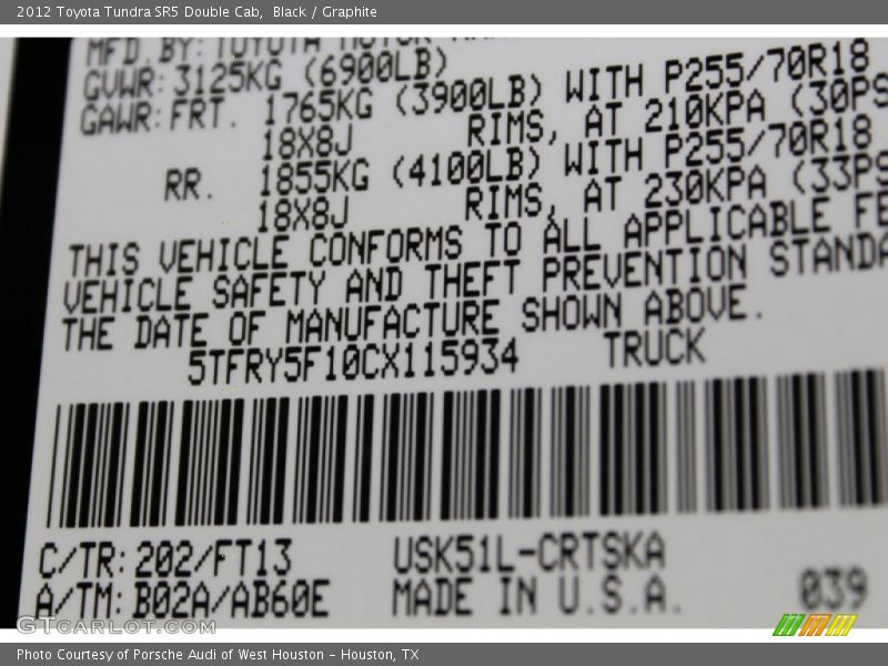Black / Graphite 2012 Toyota Tundra SR5 Double Cab
