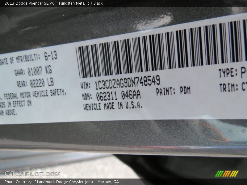 Tungsten Metallic / Black 2013 Dodge Avenger SE V6