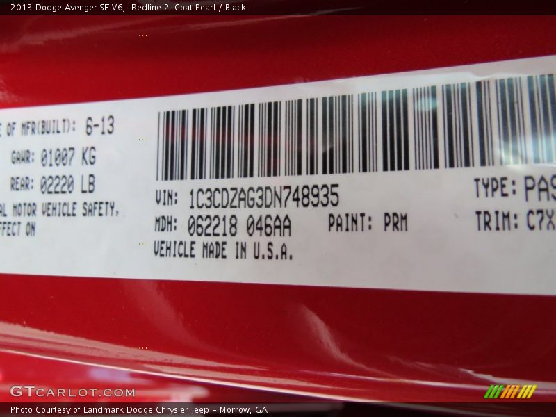 Redline 2-Coat Pearl / Black 2013 Dodge Avenger SE V6