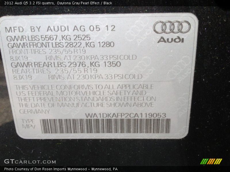 Daytona Gray Pearl Effect / Black 2012 Audi Q5 3.2 FSI quattro