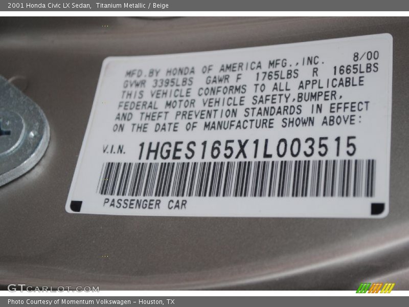 Titanium Metallic / Beige 2001 Honda Civic LX Sedan