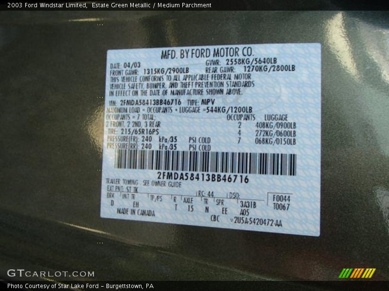 Estate Green Metallic / Medium Parchment 2003 Ford Windstar Limited