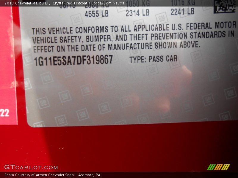 Crystal Red Tintcoat / Cocoa/Light Neutral 2013 Chevrolet Malibu LT