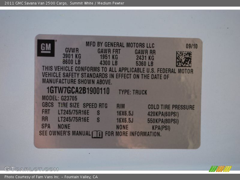 Summit White / Medium Pewter 2011 GMC Savana Van 2500 Cargo