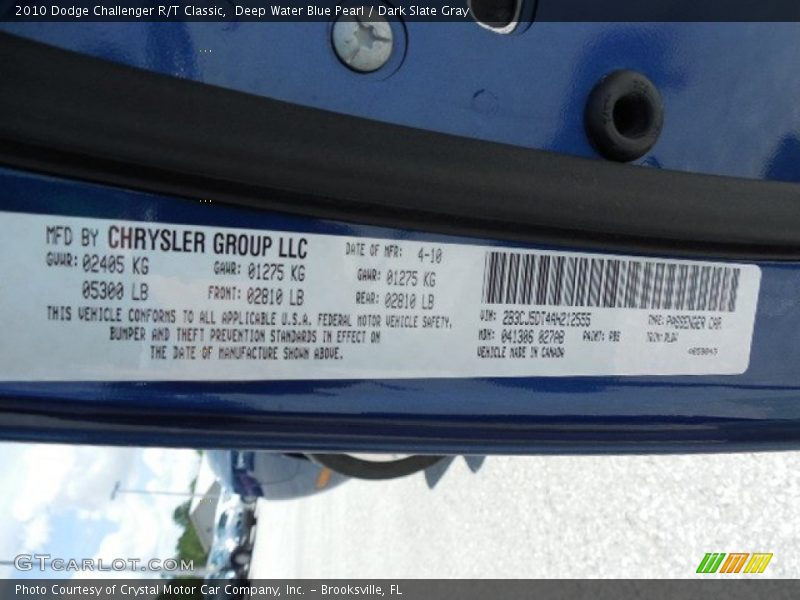 Deep Water Blue Pearl / Dark Slate Gray 2010 Dodge Challenger R/T Classic