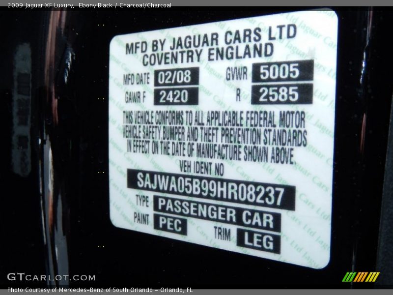 Ebony Black / Charcoal/Charcoal 2009 Jaguar XF Luxury
