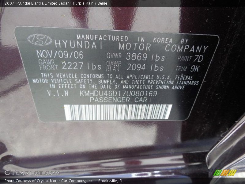 Purple Rain / Beige 2007 Hyundai Elantra Limited Sedan