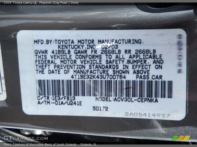 Phantom Gray Pearl / Stone 2003 Toyota Camry LE