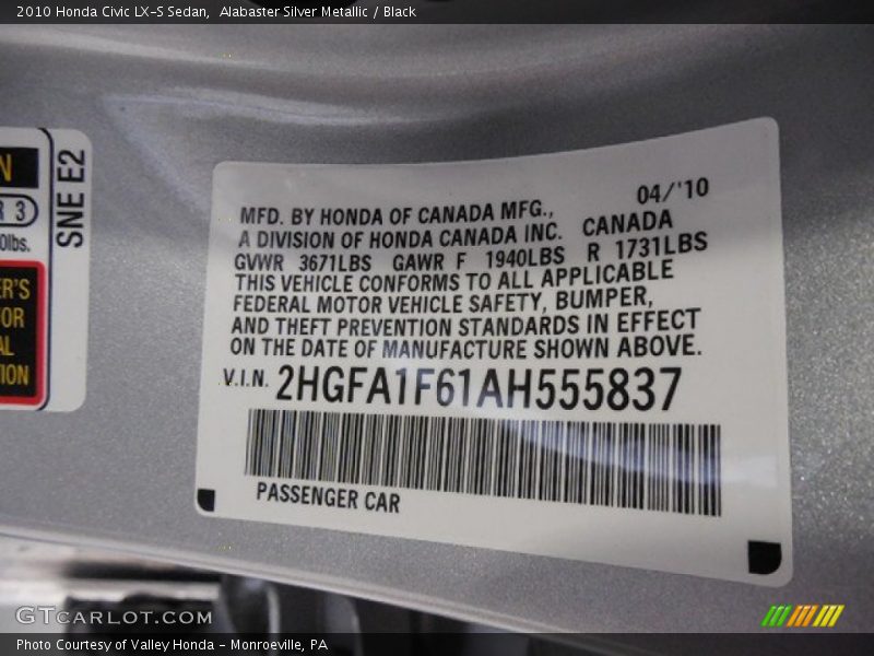 Alabaster Silver Metallic / Black 2010 Honda Civic LX-S Sedan