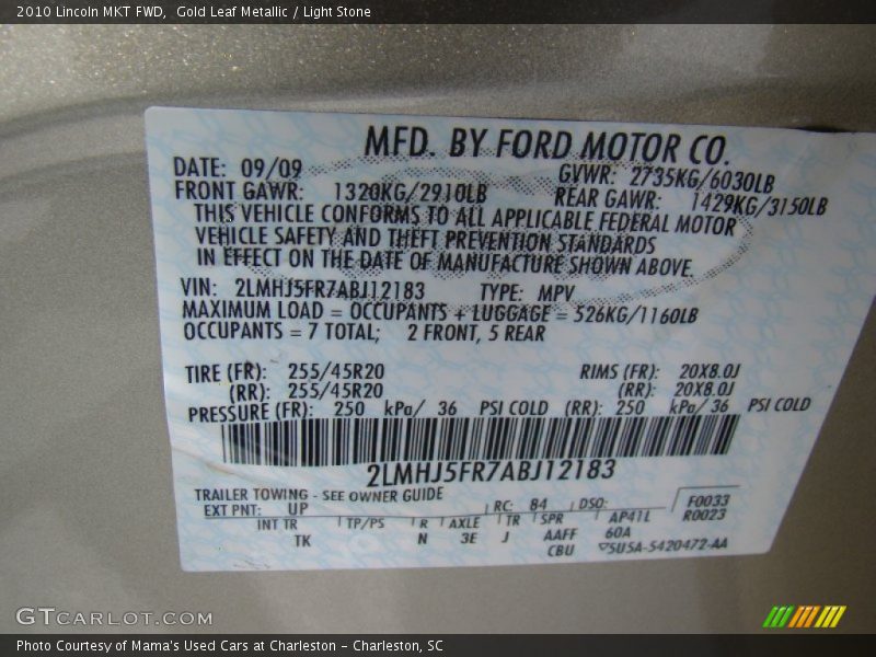 2010 MKT FWD Gold Leaf Metallic Color Code UP