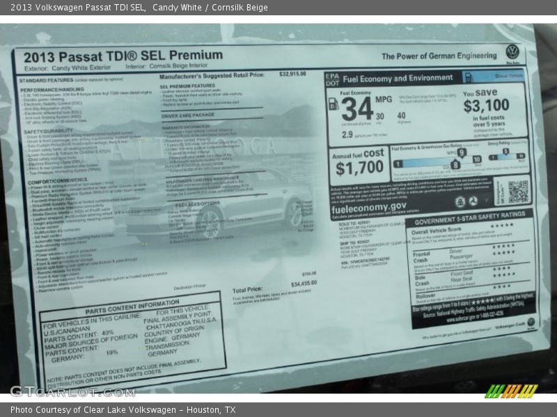 Candy White / Cornsilk Beige 2013 Volkswagen Passat TDI SEL