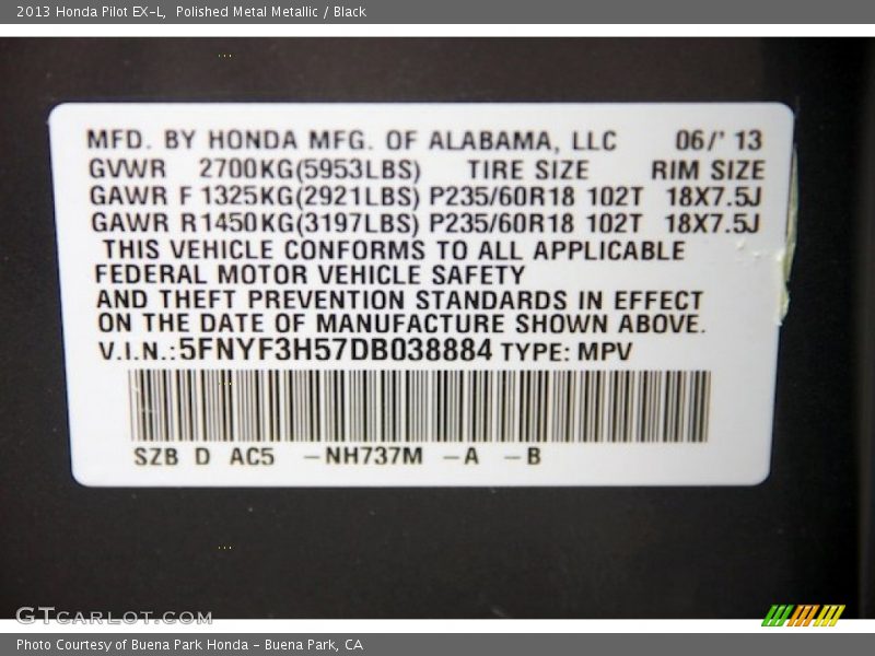 Polished Metal Metallic / Black 2013 Honda Pilot EX-L
