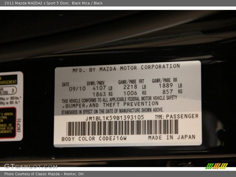 2011 MAZDA3 s Sport 5 Door Black Mica Color Code 16W