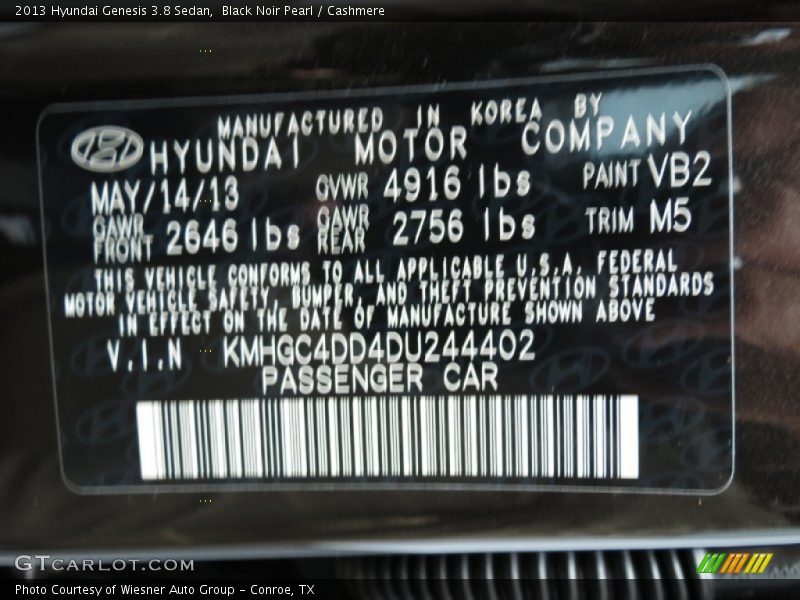 Black Noir Pearl / Cashmere 2013 Hyundai Genesis 3.8 Sedan
