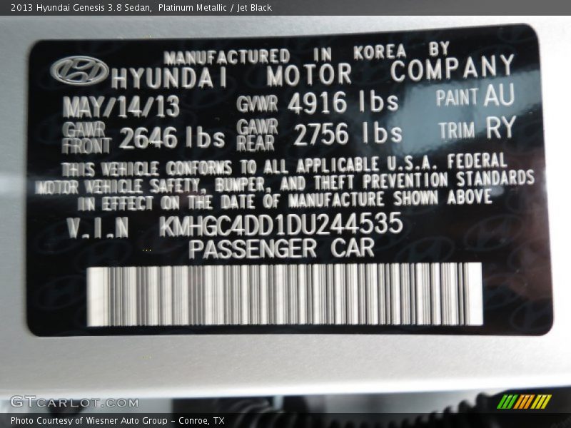 Platinum Metallic / Jet Black 2013 Hyundai Genesis 3.8 Sedan