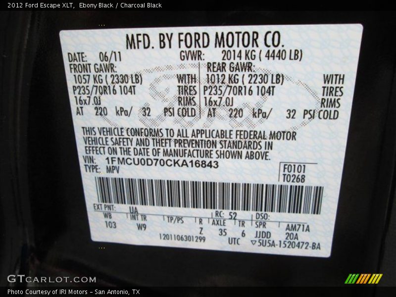 Ebony Black / Charcoal Black 2012 Ford Escape XLT