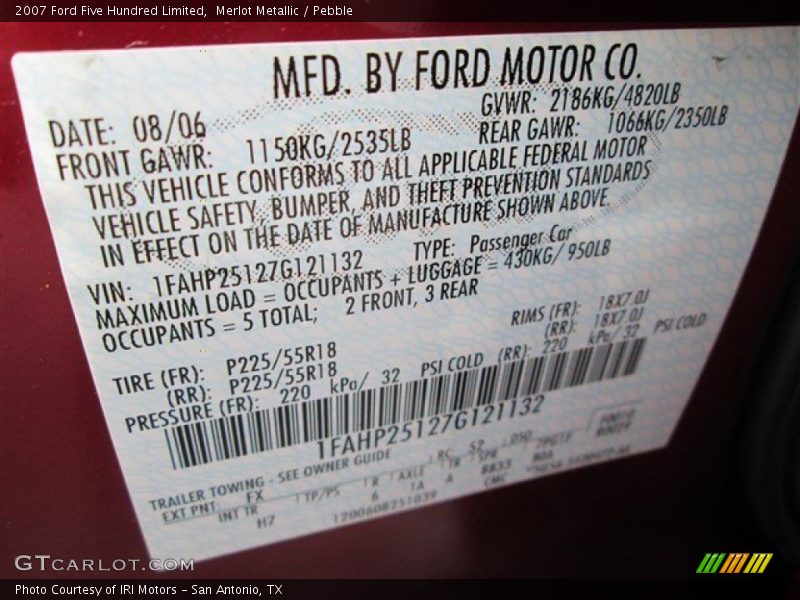 Merlot Metallic / Pebble 2007 Ford Five Hundred Limited